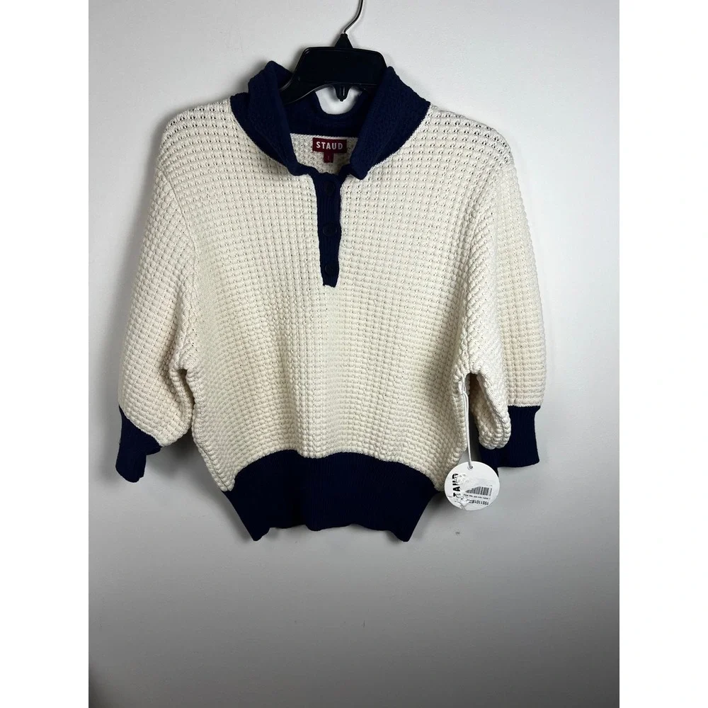 STAUD Altea Cream Navy Waffle Knit Polo Sweater Size L‎ NWT